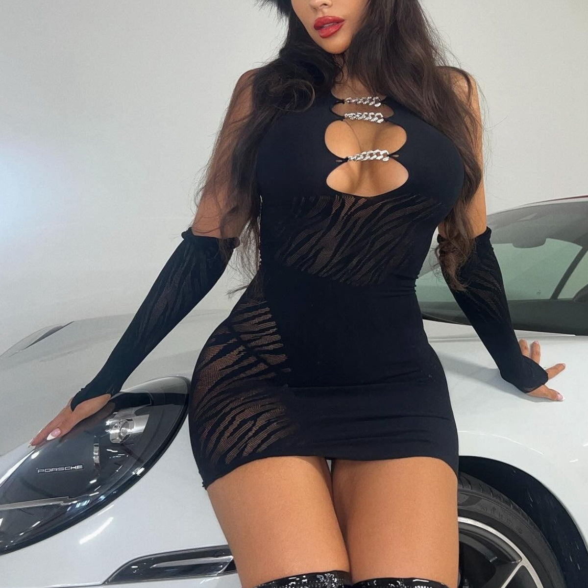 Solid Color Mesh Slim Backless Short Dresses