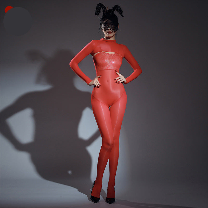 Shawl lace suspender shiny jumpsuit