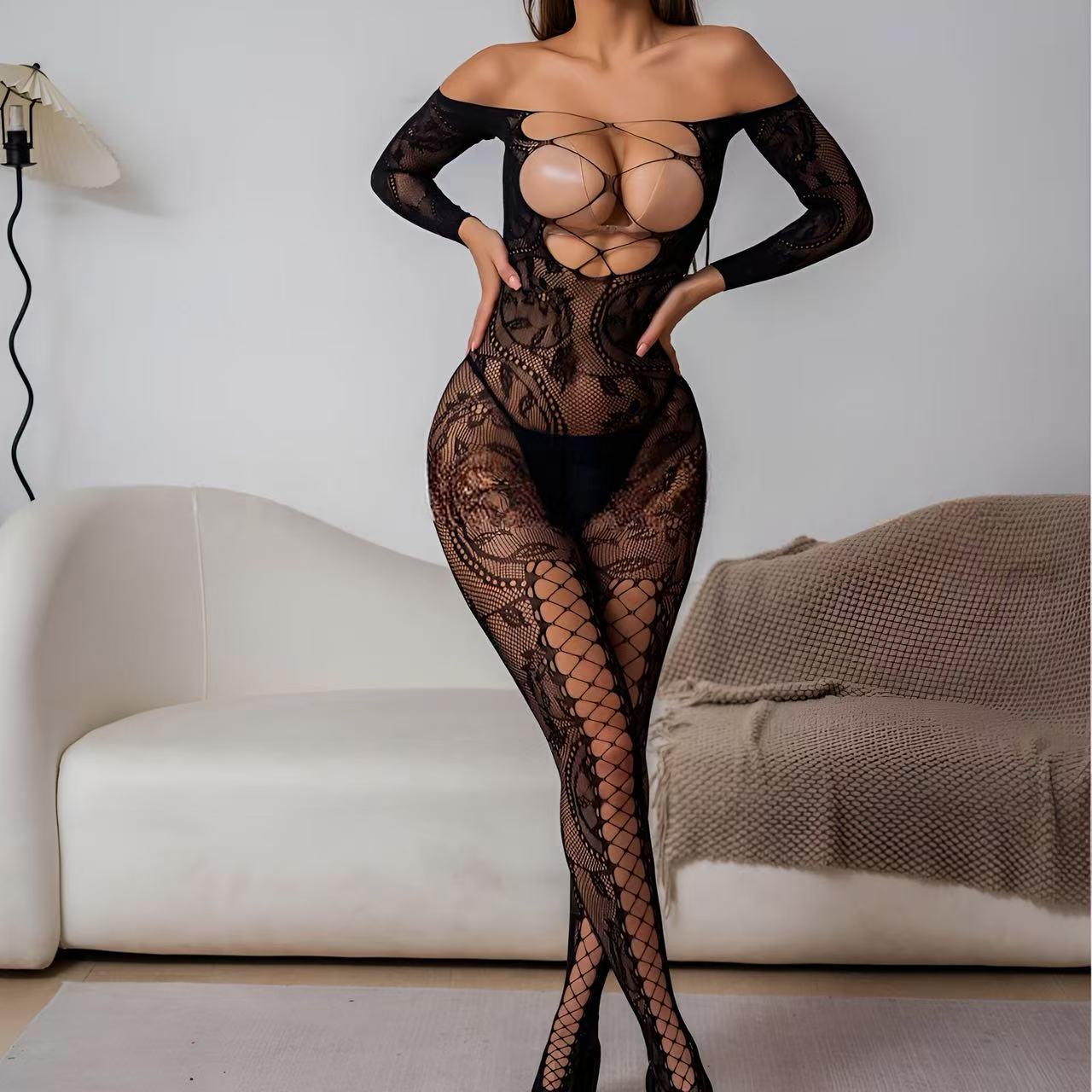 Jacquard one-piece open-crotch mesh top