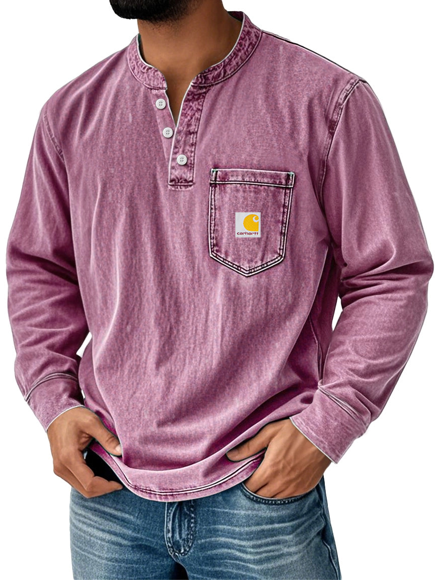 Men's Retro Stand Collar Pocket Casual Distressed Long Sleeve Henley Shirt