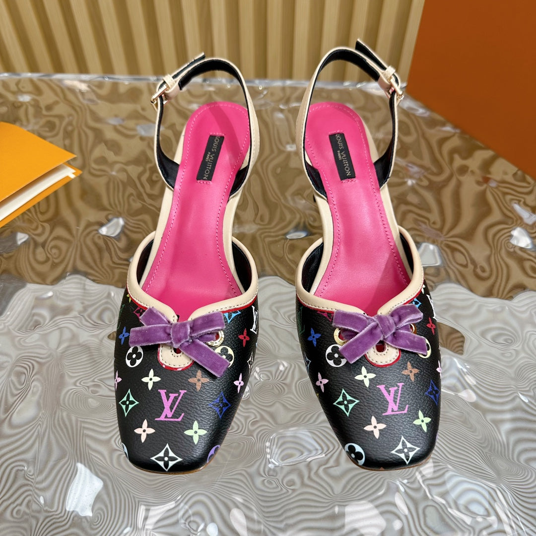 Retro literary velvet bow🎀cat heel sandals L*** VIP 1:1