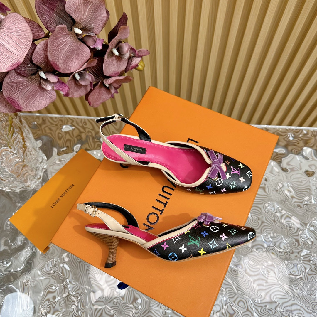 Retro literary velvet bow🎀cat heel sandals L*** VIP 1:1