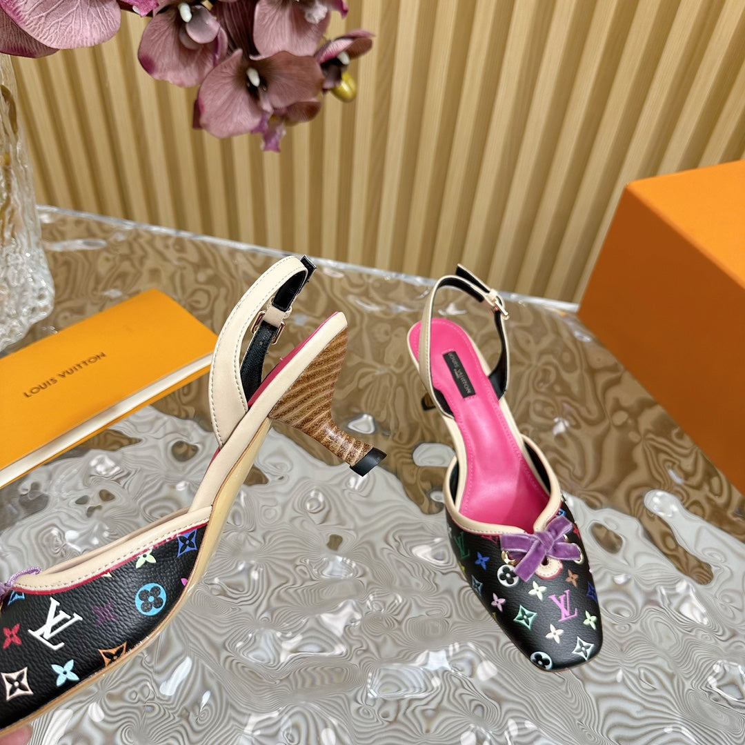 Retro literary velvet bow🎀cat heel sandals L*** VIP 1:1