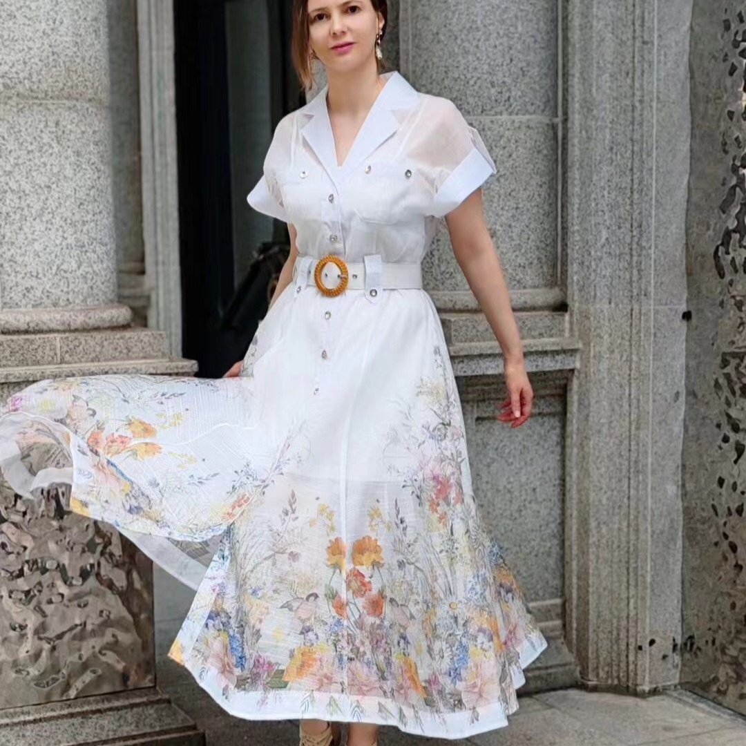 Zimmerma**White Colorful Flower Printed Hem Waist Short Sleeve Dress