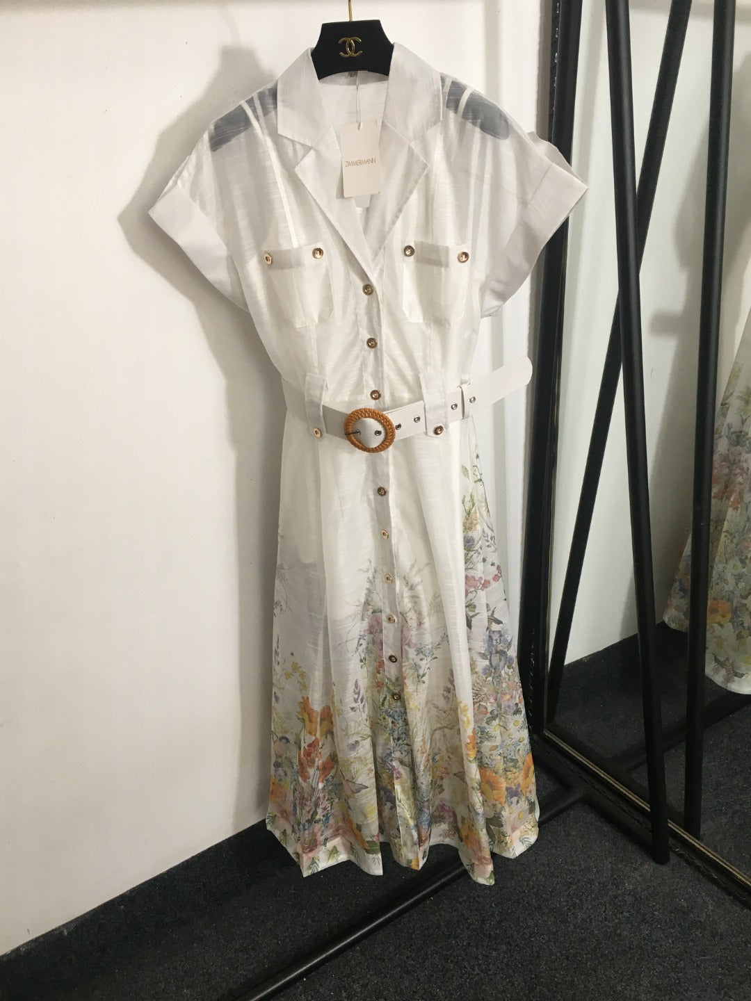 Zimmerma**White Colorful Flower Printed Hem Waist Short Sleeve Dress