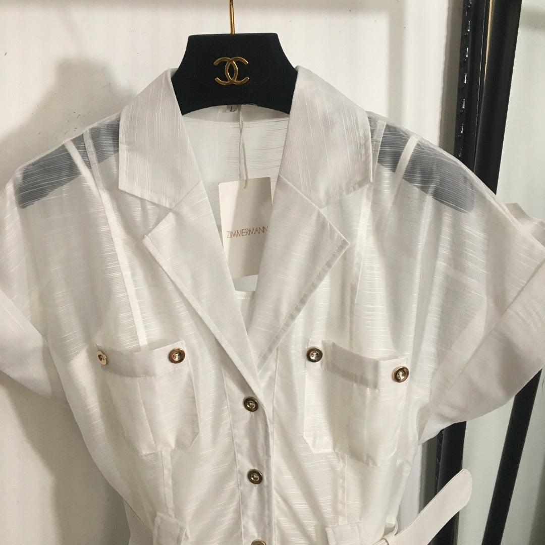 Zimmerma**White Colorful Flower Printed Hem Waist Short Sleeve Dress