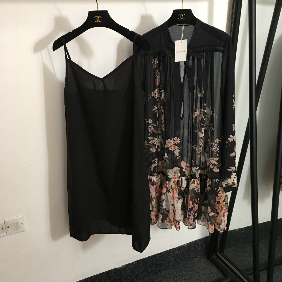 Zimmerma** Pink small flower print lotus leaf hem long sleeve flowing silk black dress