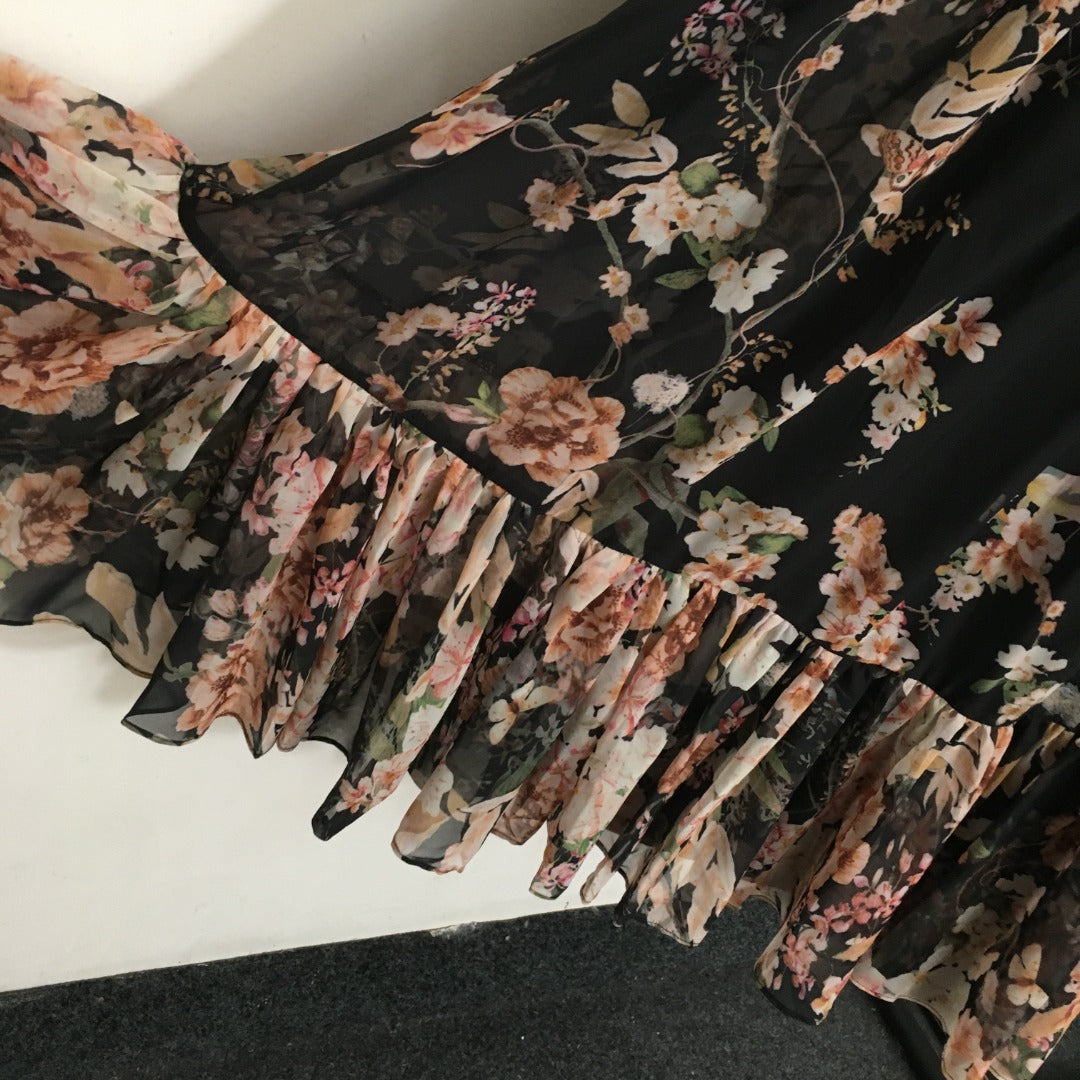 Zimmerma** Pink small flower print lotus leaf hem long sleeve flowing silk black dress