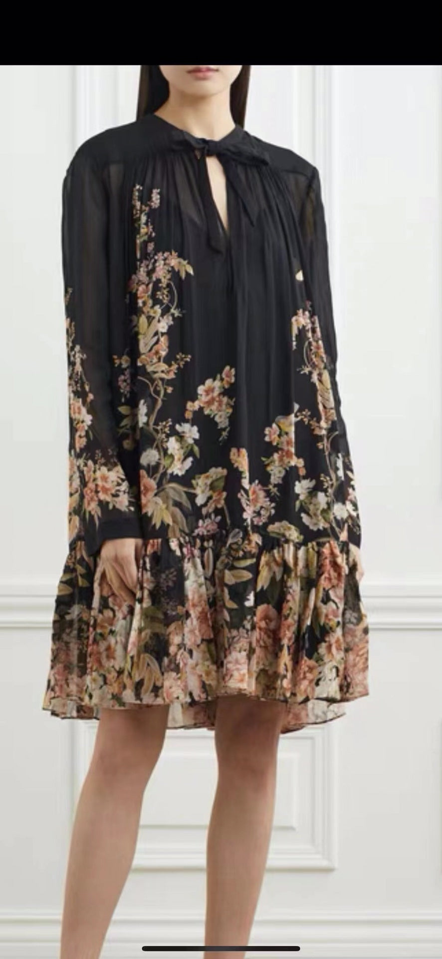 Zimmerma** Pink small flower print lotus leaf hem long sleeve flowing silk black dress