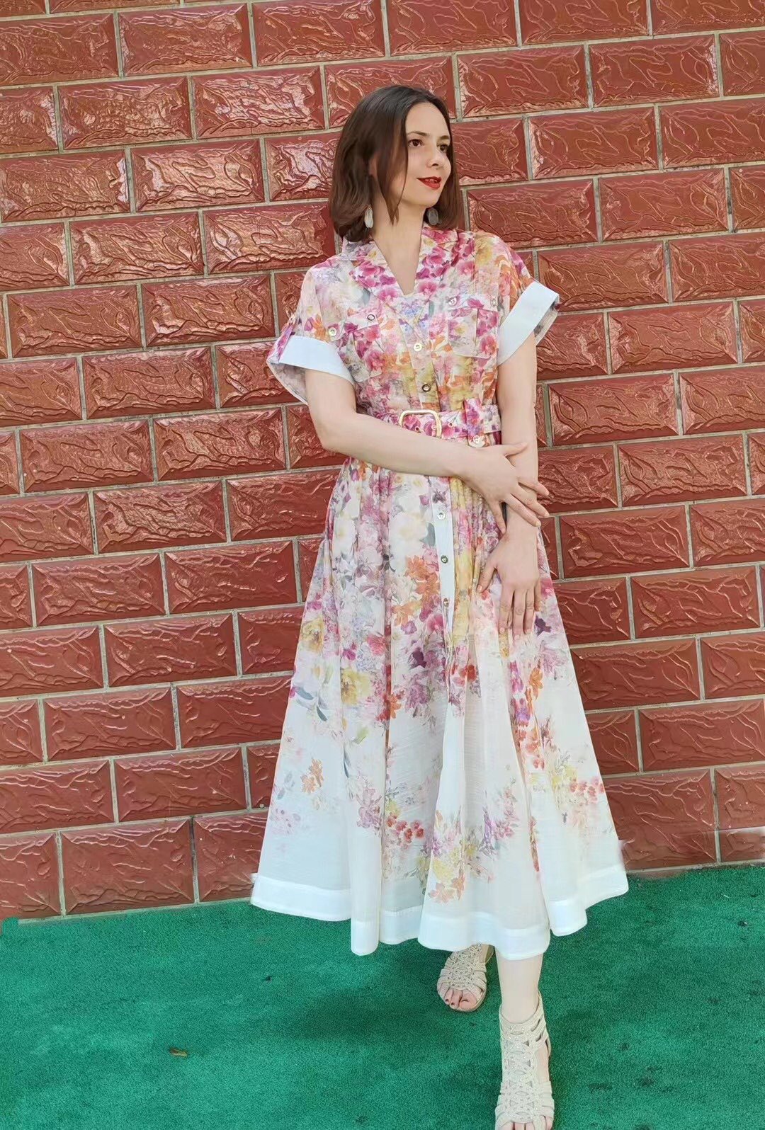 Zimmerma** new linen flower print waist short sleeve dress long skirt