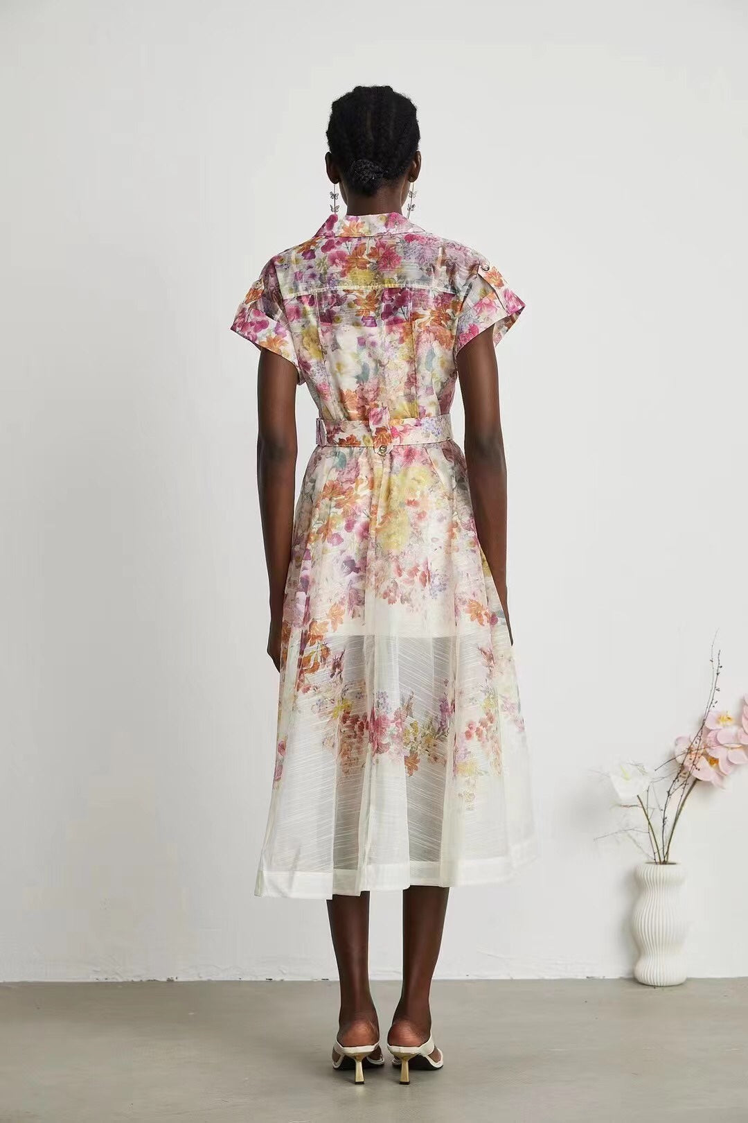 Zimmerma** new linen flower print waist short sleeve dress long skirt