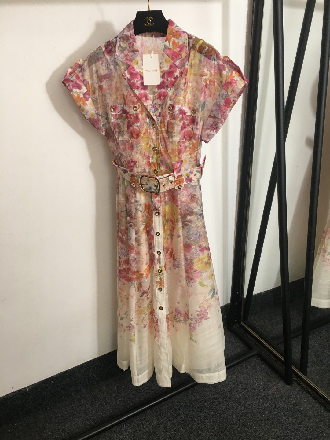 Zimmerma** new linen flower print waist short sleeve dress long skirt