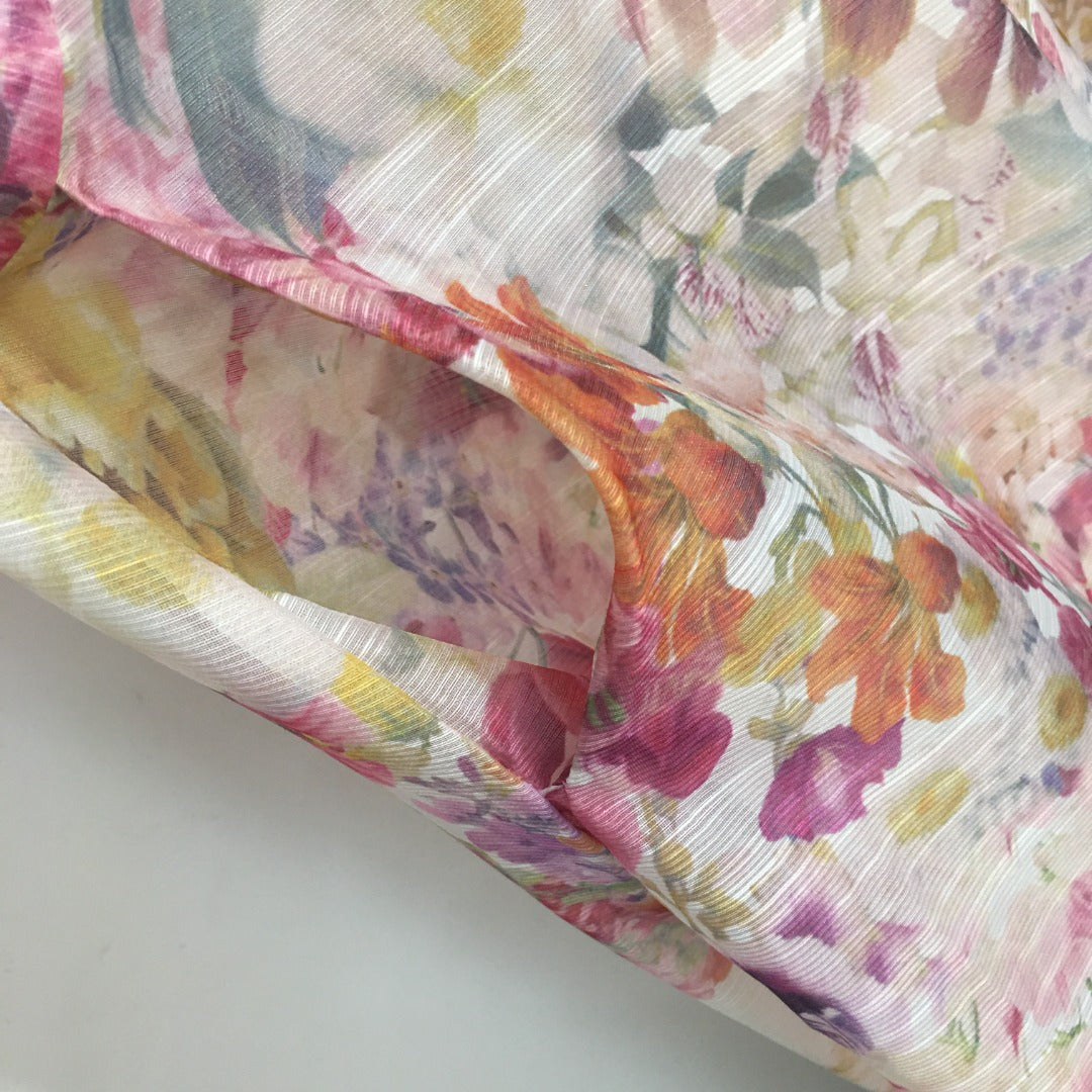 Zimmerma** new linen flower print waist short sleeve dress long skirt