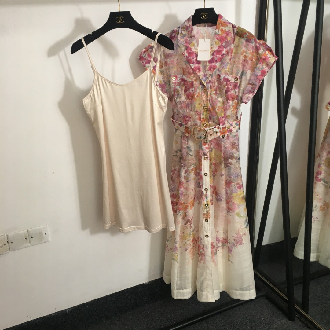 Zimmerma** new linen flower print waist short sleeve dress long skirt