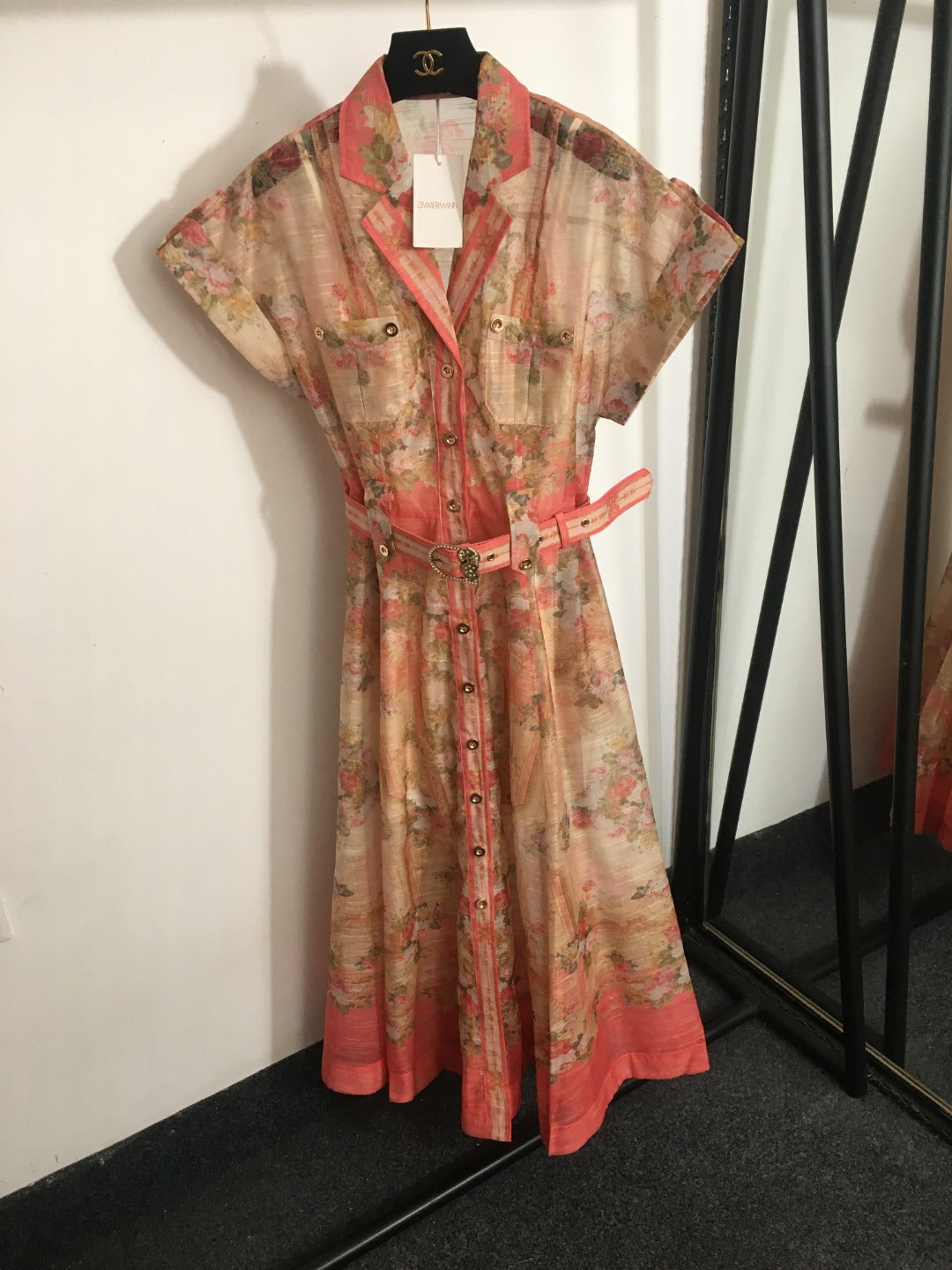 Zimmerma** New Pink Linen Flower Print Waist Short Sleeve Dress Long Skirt