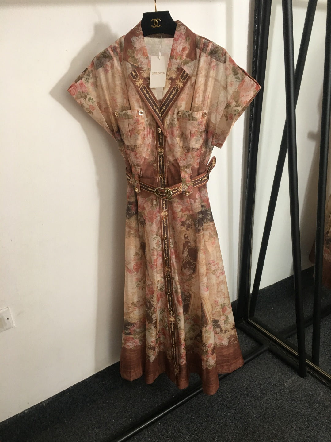 Zimmerma** New Pink Linen Flower Print Waist Short Sleeve Dress Long Skirt