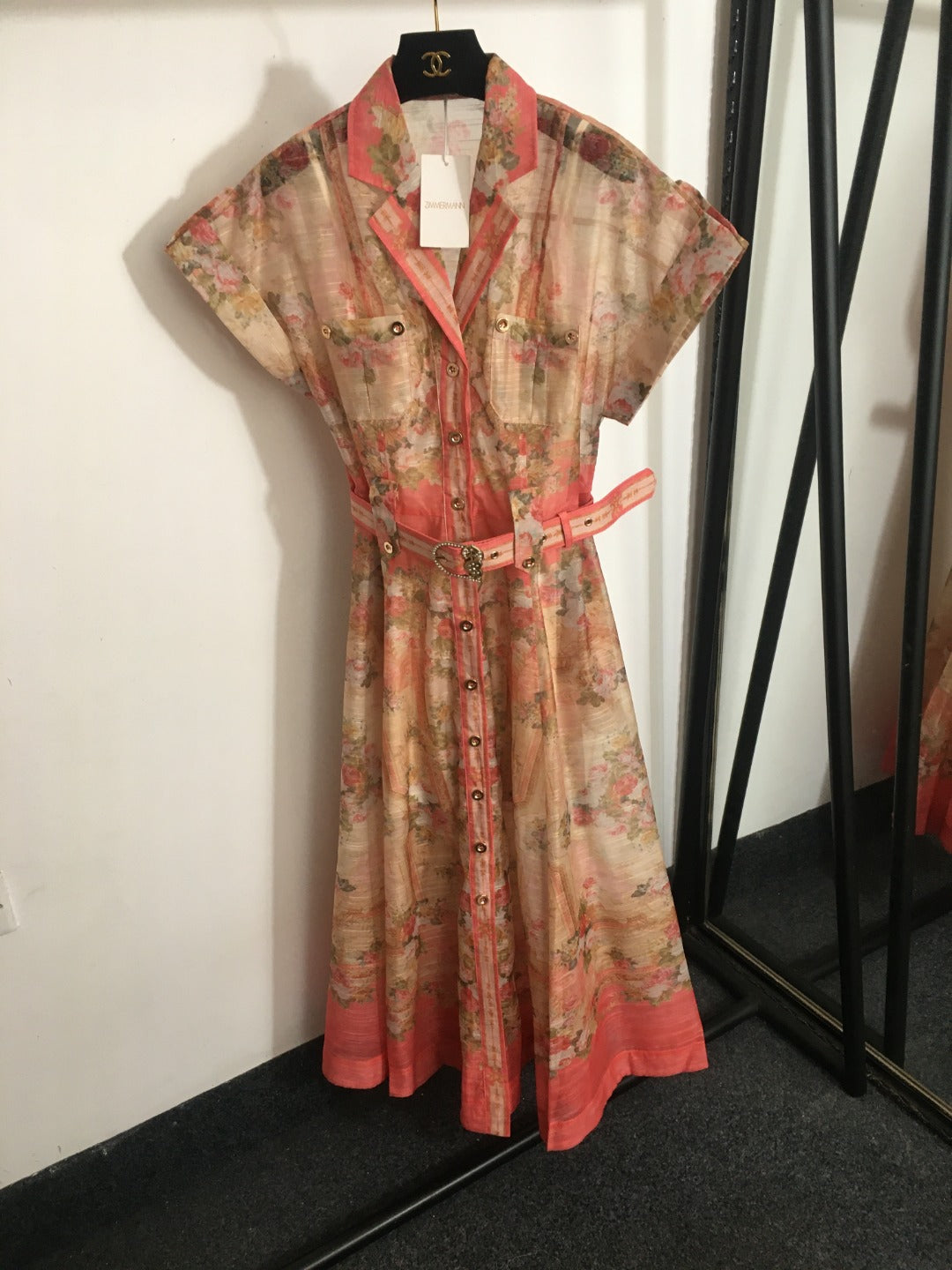 Zimmerma** New Pink Linen Flower Print Waist Short Sleeve Dress Long Skirt