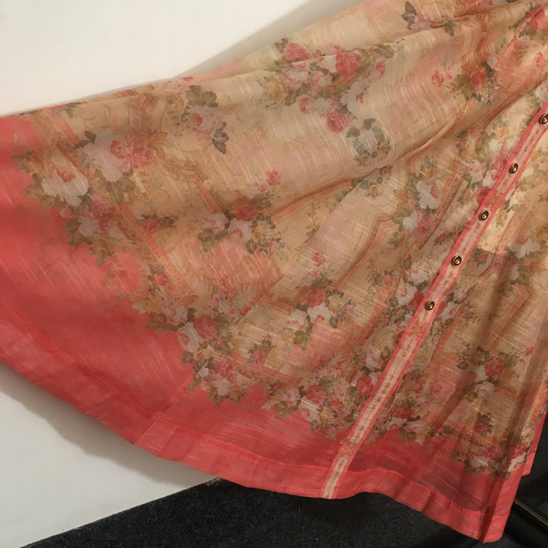 Zimmerma** New Pink Linen Flower Print Waist Short Sleeve Dress Long Skirt