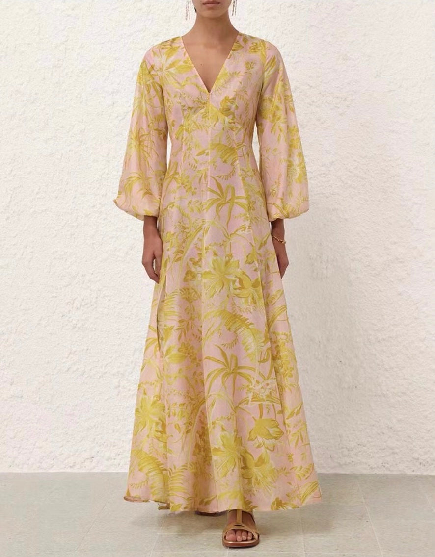 Zimmerma** Yellow Flower Print V-Neck Waist Lantern Long Sleeve Silk Dress