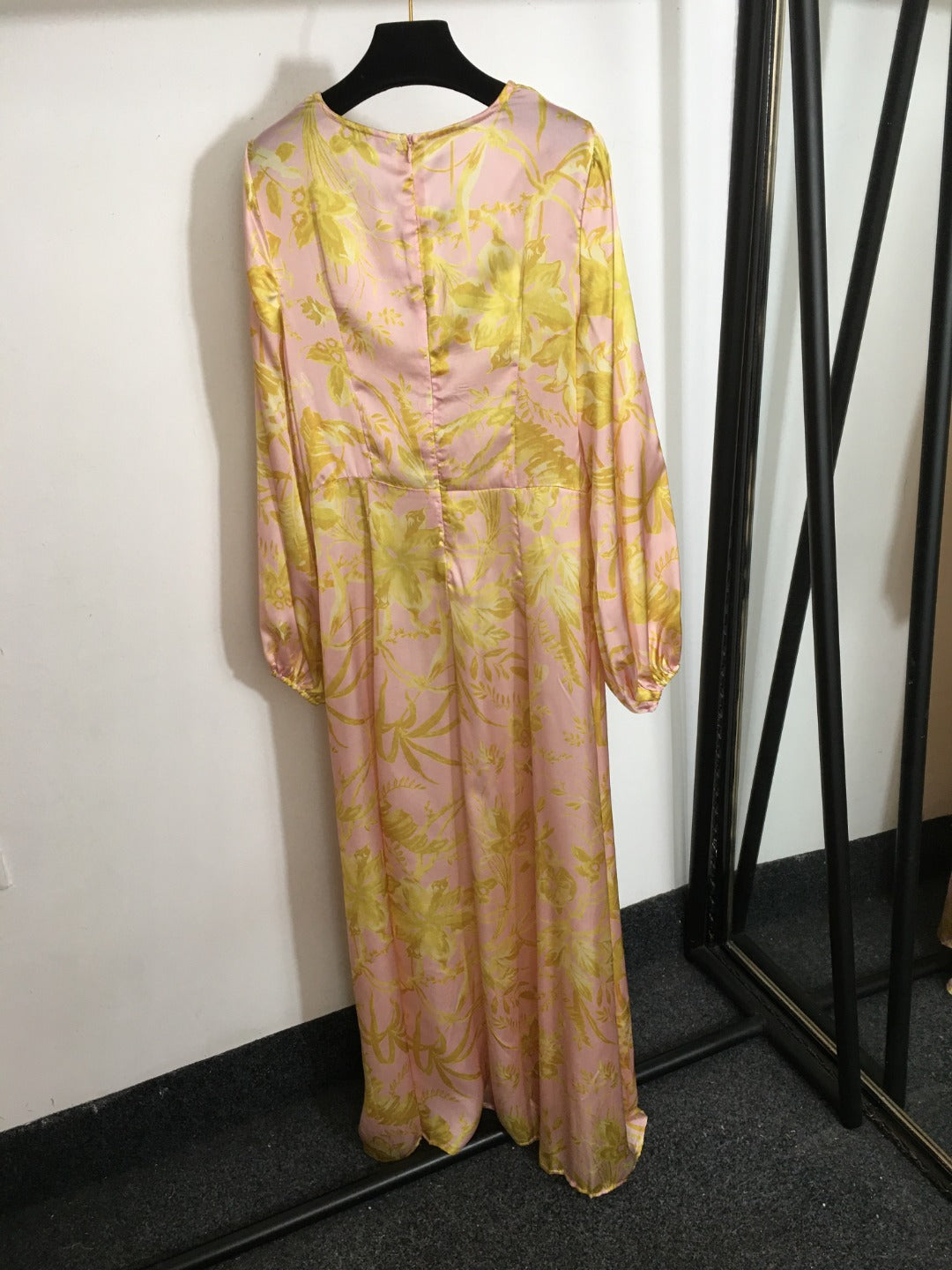 Zimmerma** Yellow Flower Print V-Neck Waist Lantern Long Sleeve Silk Dress
