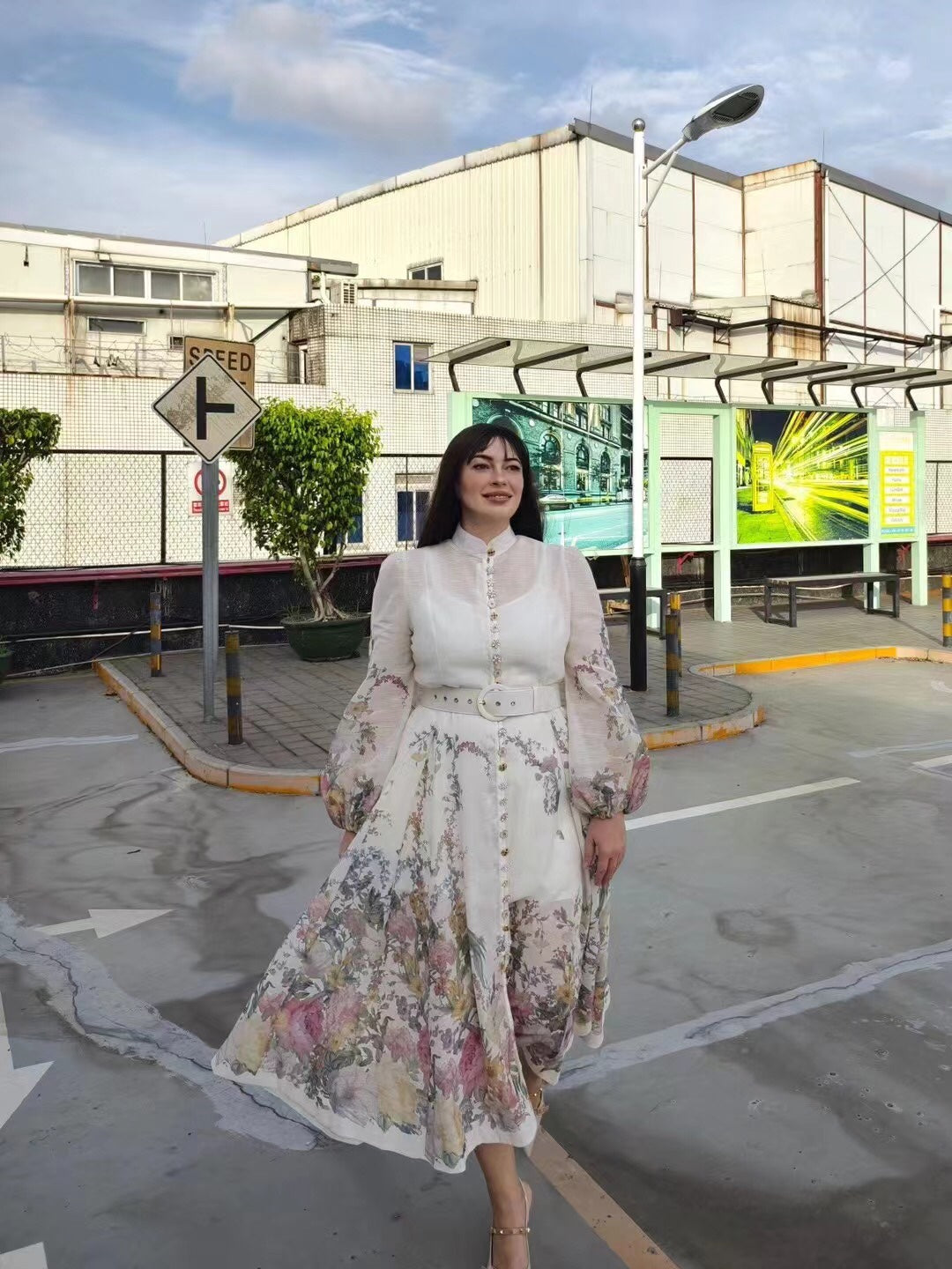 Zimmerma** new style elegant temperament linen colorful flower print diamond button lantern long sleeve dress with belt and suspender lining