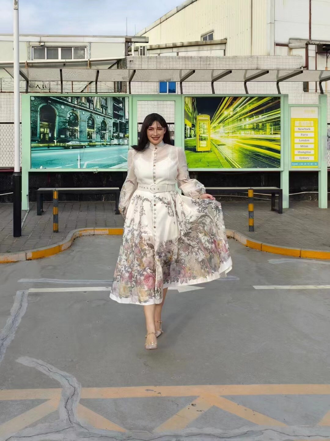 Zimmerma** new style elegant temperament linen colorful flower print diamond button lantern long sleeve dress with belt and suspender lining