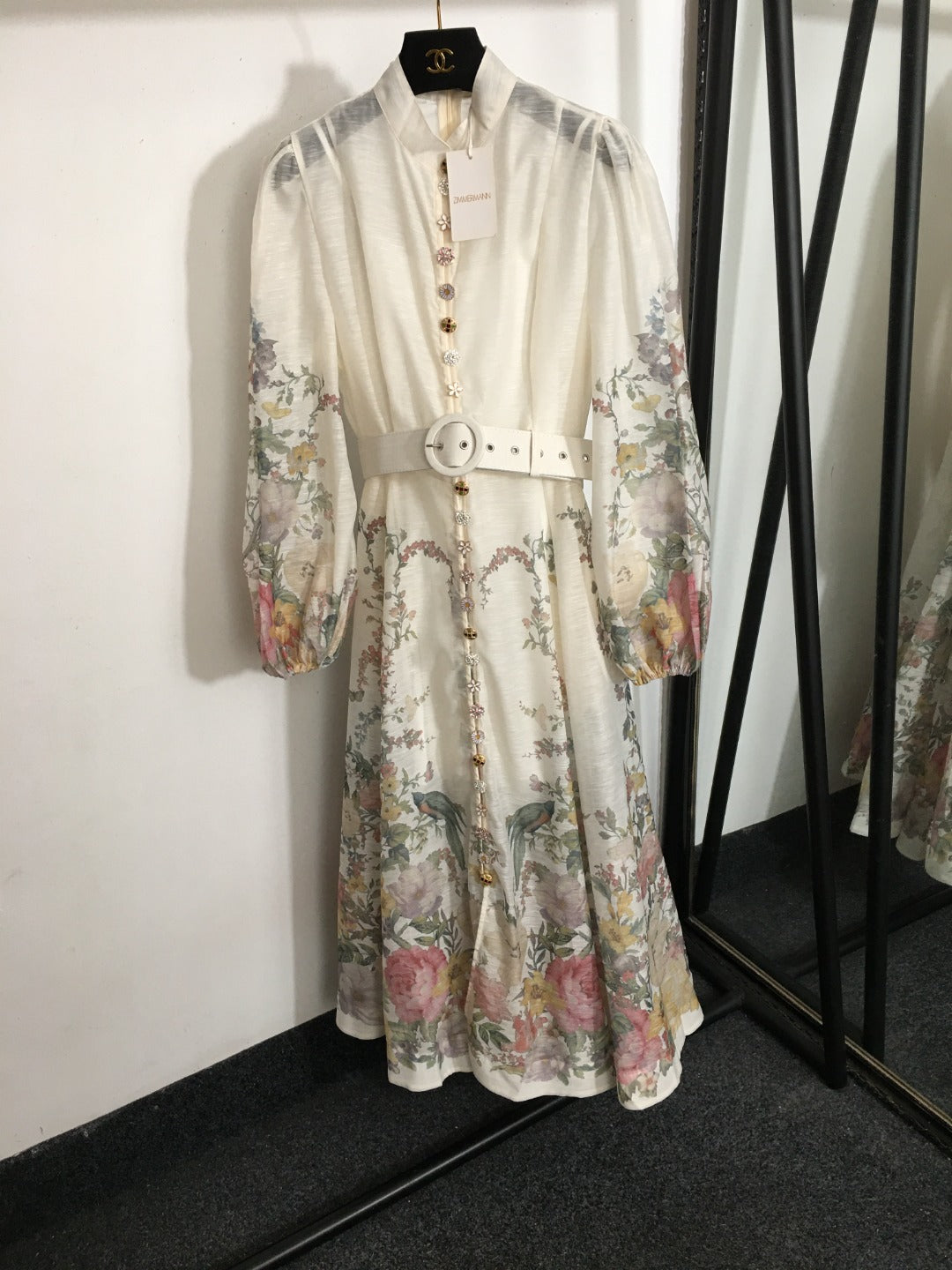 Zimmerma** new style elegant temperament linen colorful flower print diamond button lantern long sleeve dress with belt and suspender lining