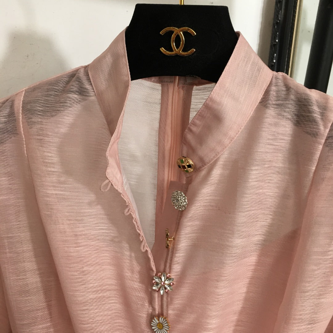 Zimmerma** new style elegant temperament linen colorful flower print diamond button lantern long sleeve dress with belt and suspender lining