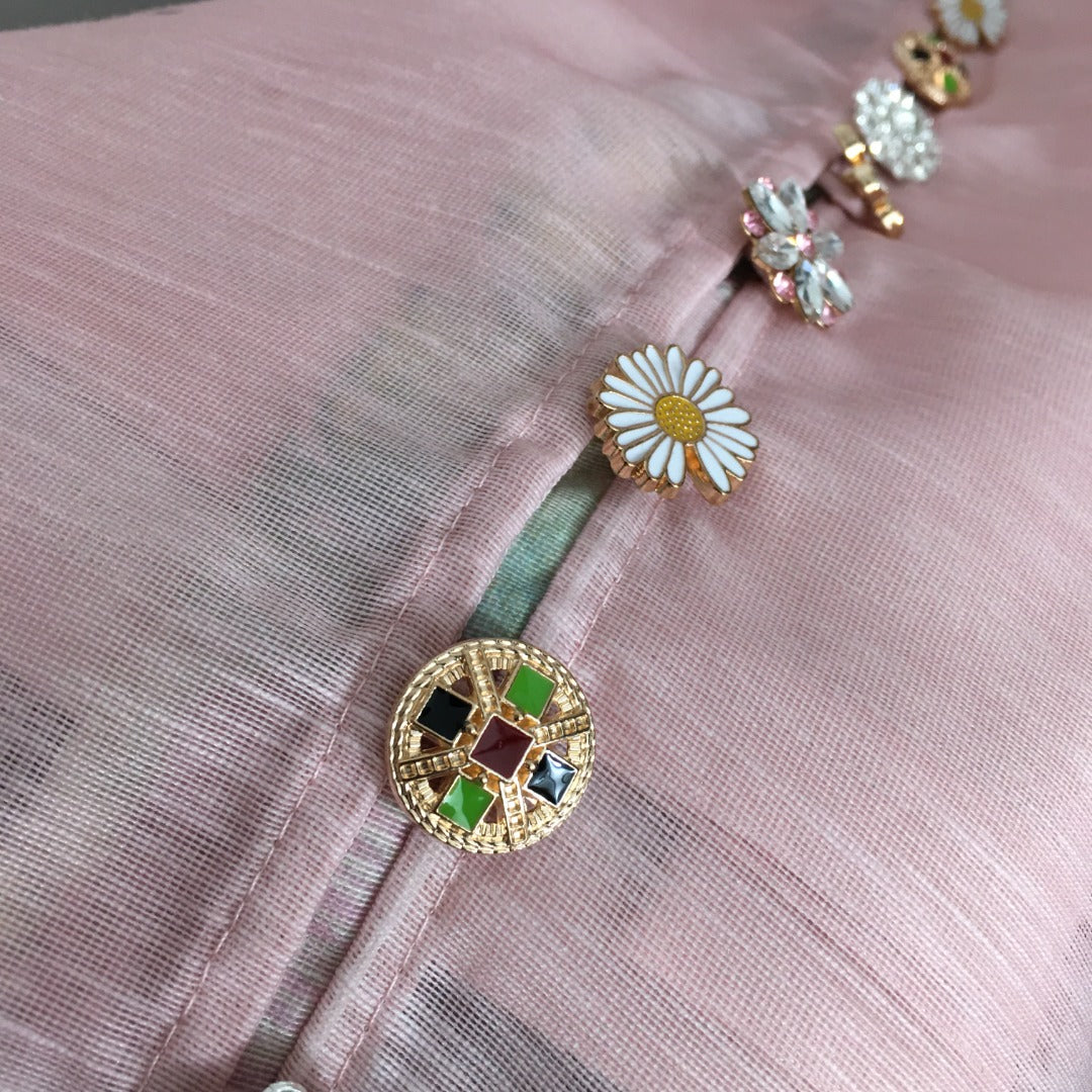 Zimmerma** new style elegant temperament linen colorful flower print diamond button lantern long sleeve dress with belt and suspender lining