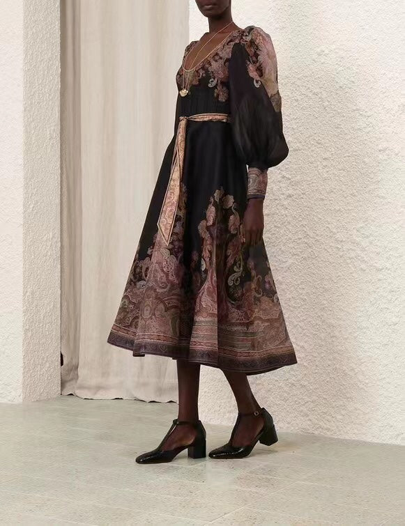 Zimmerma** Retro Flower Print Tie Waist Lantern Long Sleeve Dress, Black