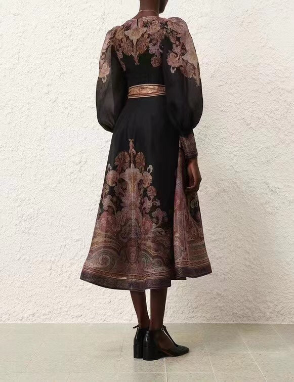 Zimmerma** Retro Flower Print Tie Waist Lantern Long Sleeve Dress, Black