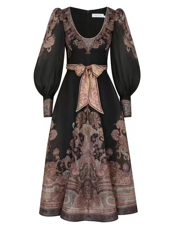 Zimmerma** Retro Flower Print Tie Waist Lantern Long Sleeve Dress, Black