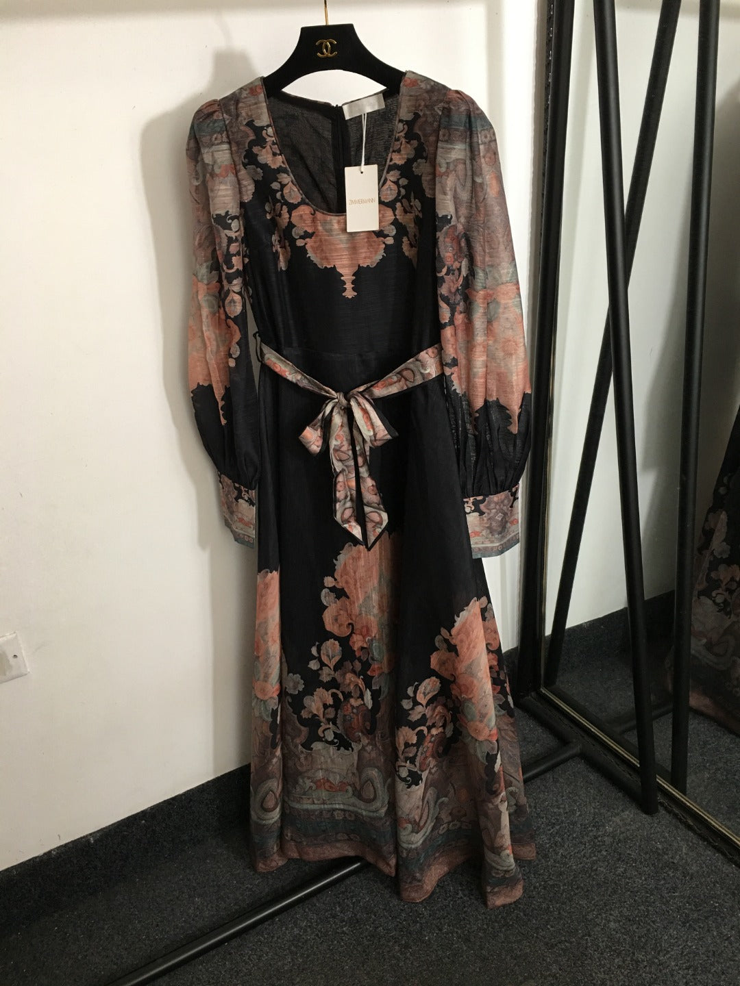 Zimmerma** Retro Flower Print Tie Waist Lantern Long Sleeve Dress, Black