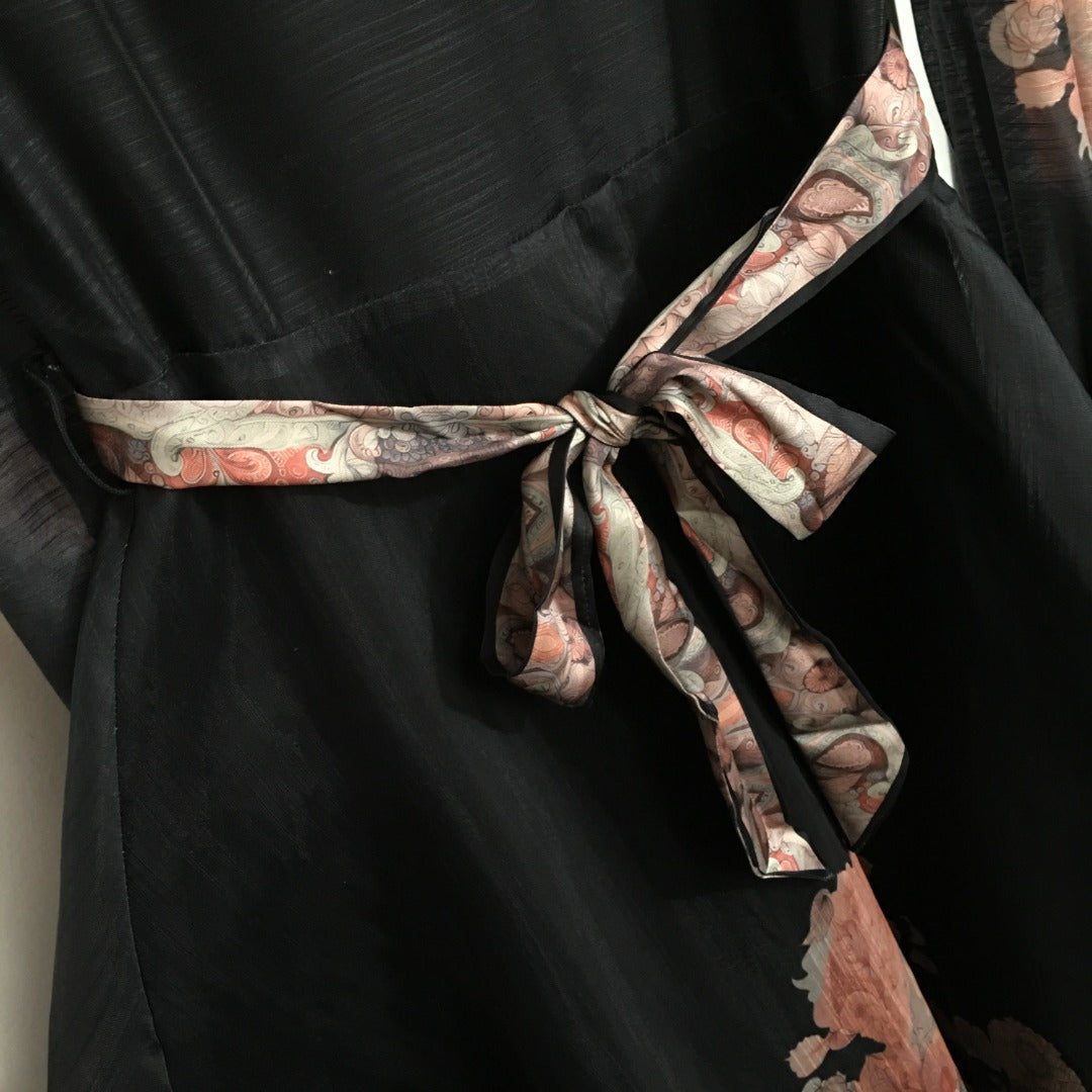 Zimmerma** Retro Flower Print Tie Waist Lantern Long Sleeve Dress, Black