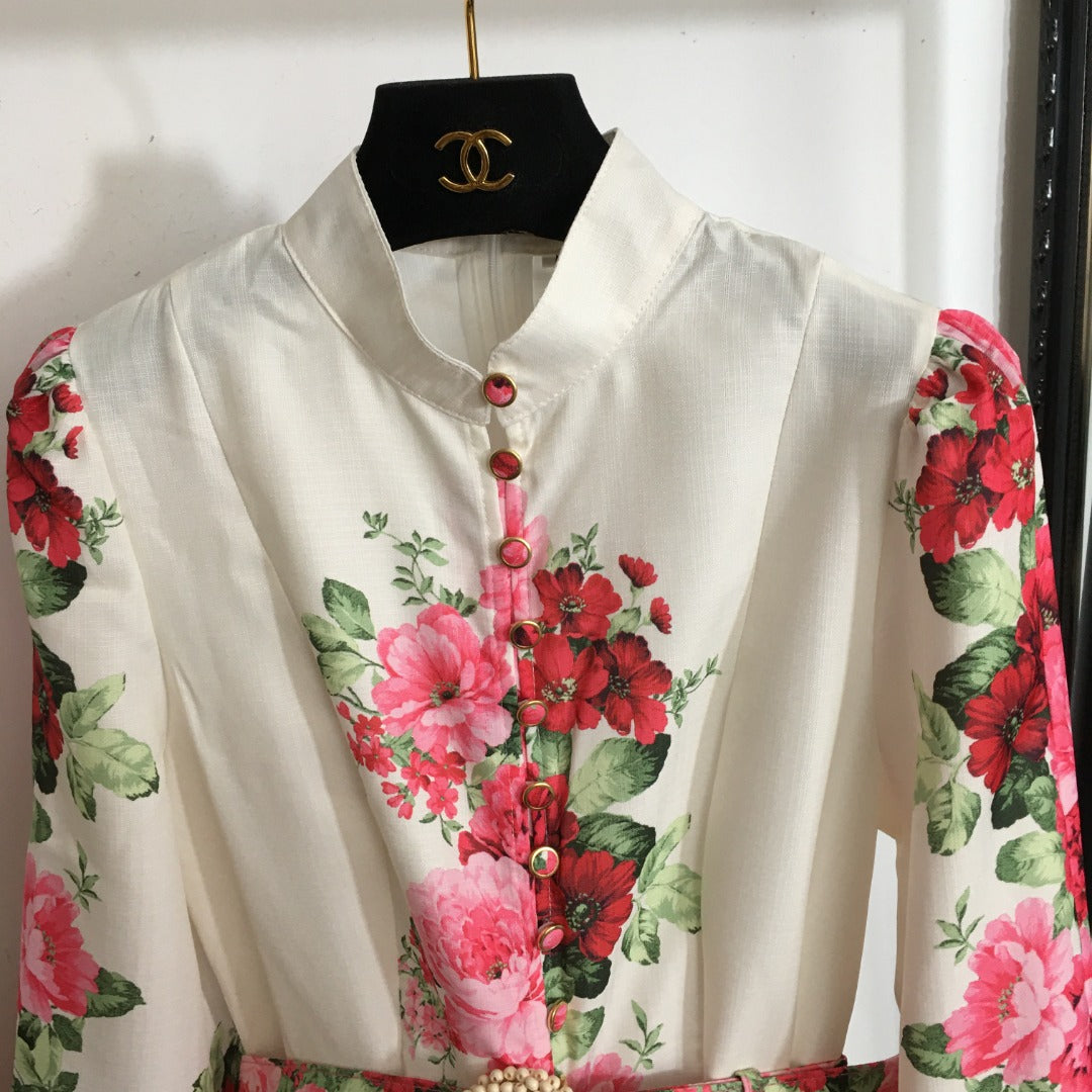 Zimmerma** new style temperament red flower print stand collar long sleeve dress with belt