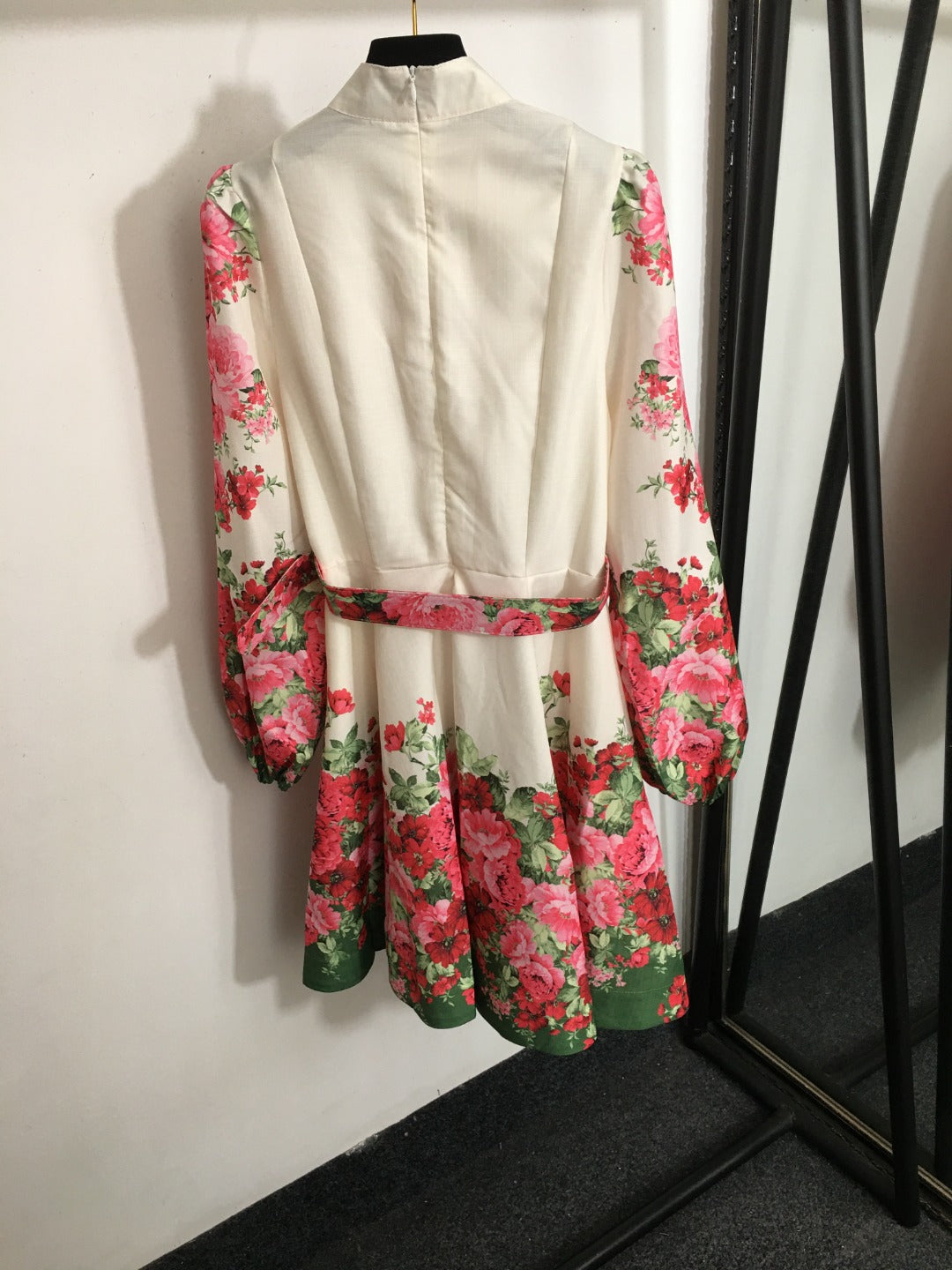 Zimmerma** new style temperament red flower print stand collar long sleeve dress with belt