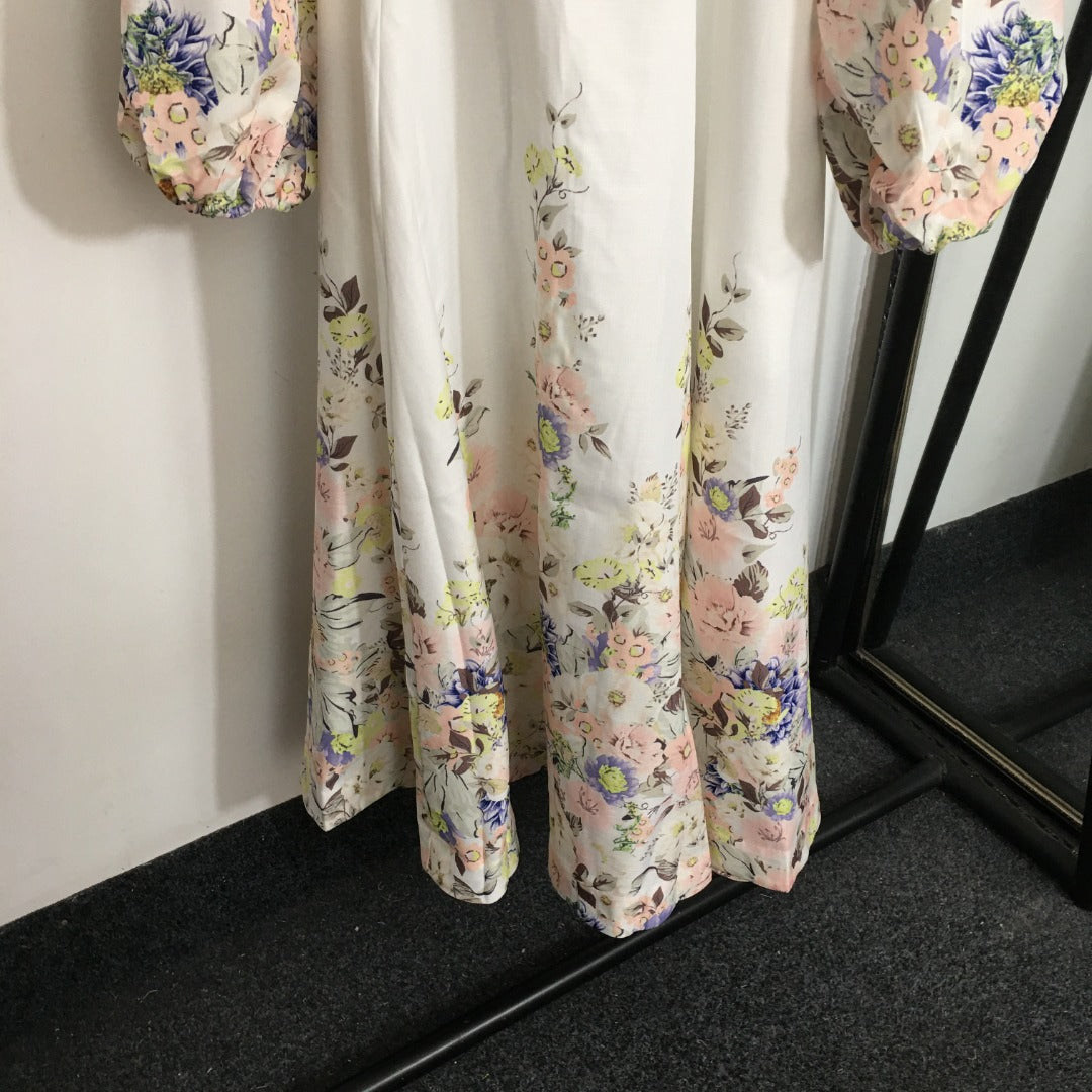 Zim** new elegant floral print custom shell button lantern long sleeve dress with belt, white