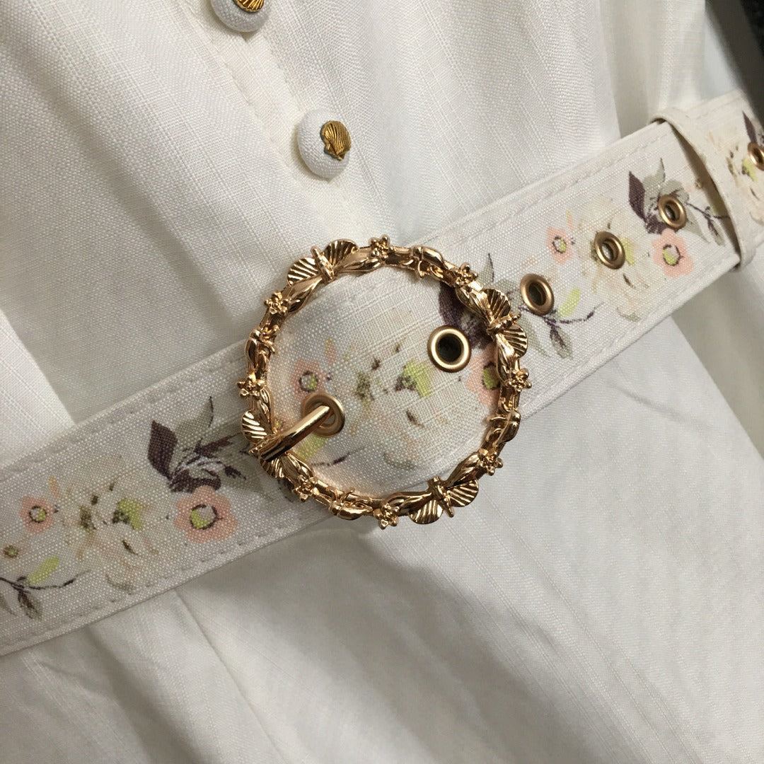 Zim** new elegant floral print custom shell button lantern long sleeve dress with belt, white