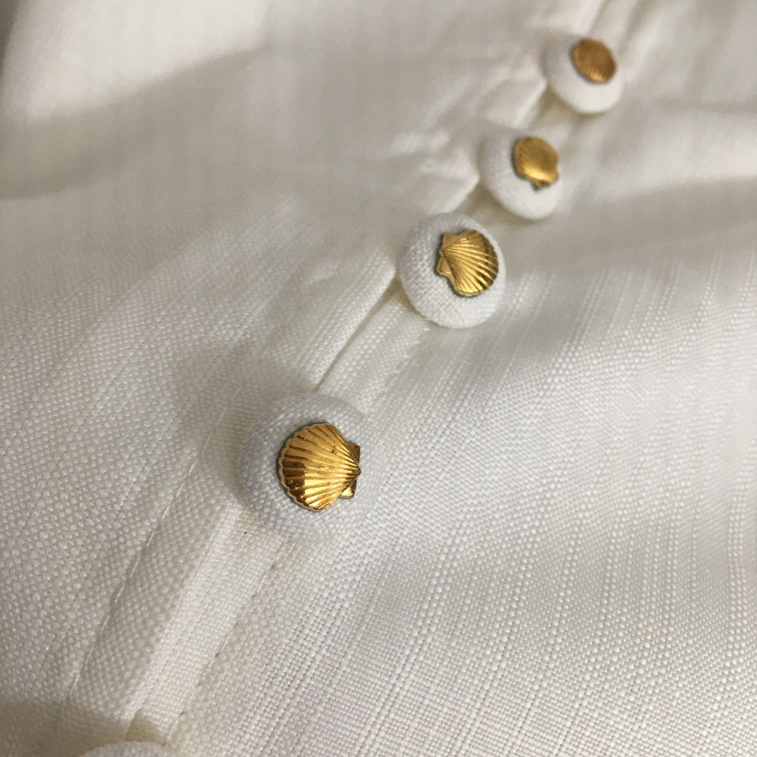 Zim** new elegant floral print custom shell button lantern long sleeve dress with belt, white