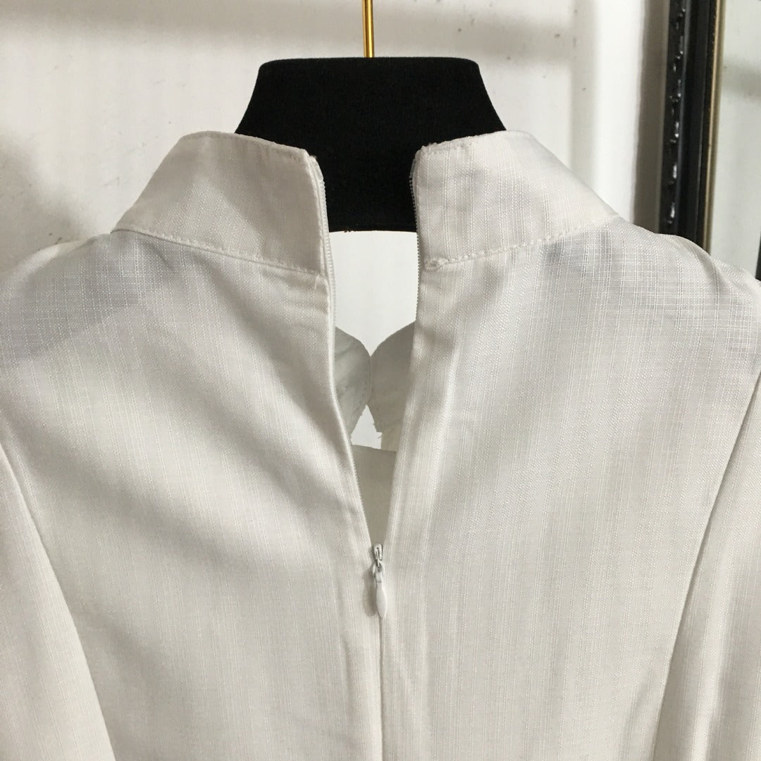 Zim** new elegant floral print custom shell button lantern long sleeve dress with belt, white