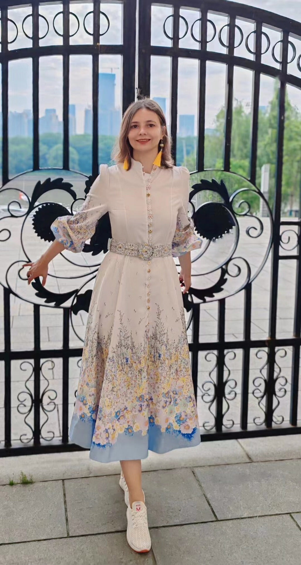 Zim** new style colorful flower print diamond button lantern long sleeve dress long skirt with belt, white