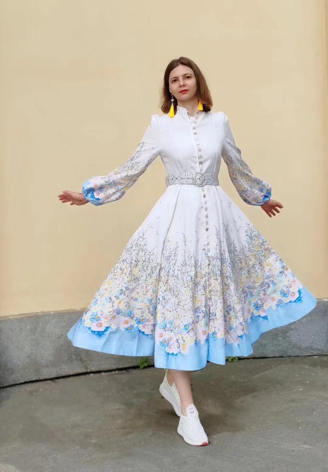 Zim** new style colorful flower print diamond button lantern long sleeve dress long skirt with belt, white