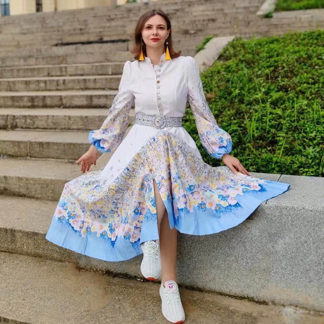 Zim** new style colorful flower print diamond button lantern long sleeve dress long skirt with belt, white