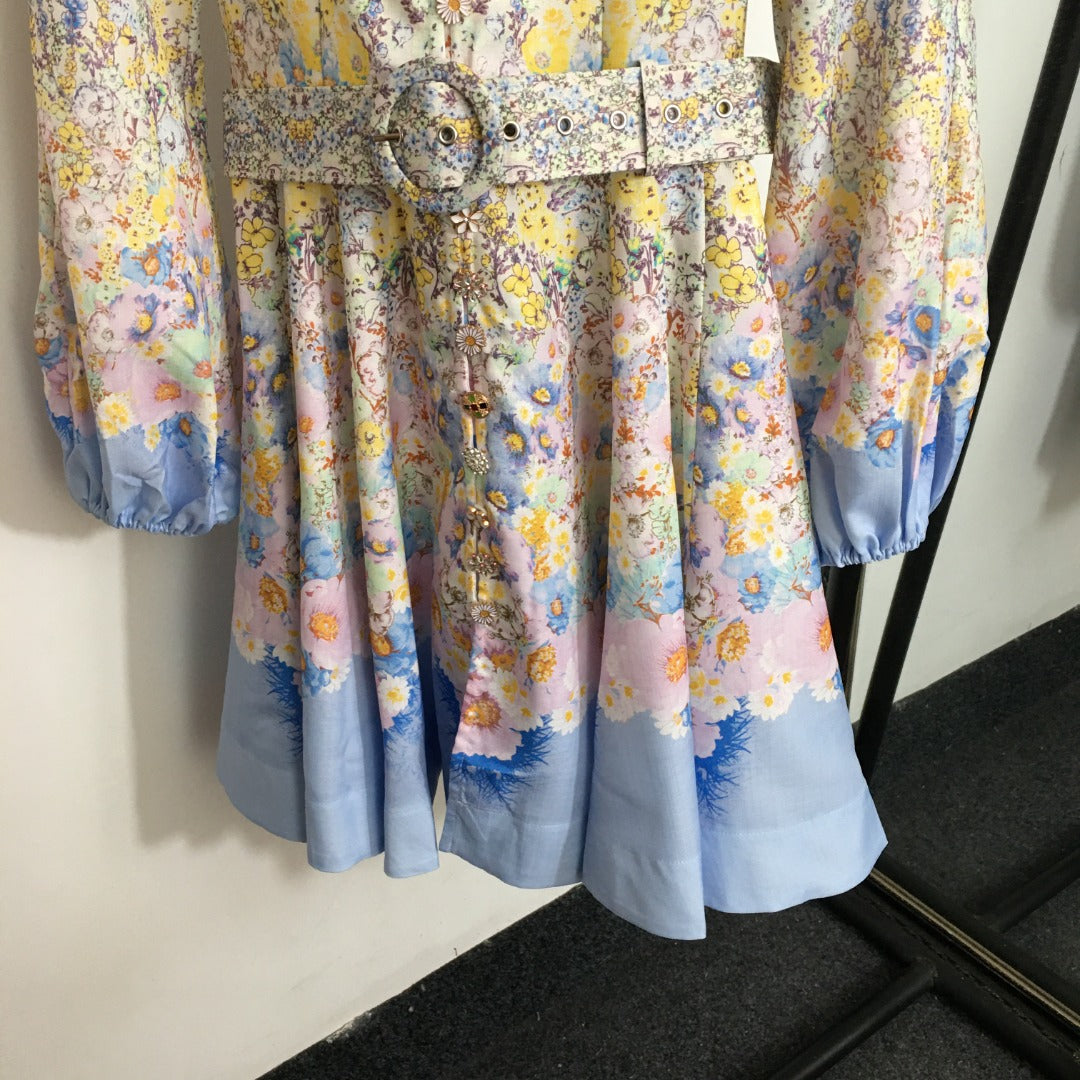 Zim** new style colorful flower print diamond button lantern long sleeve dress long skirt with belt, white