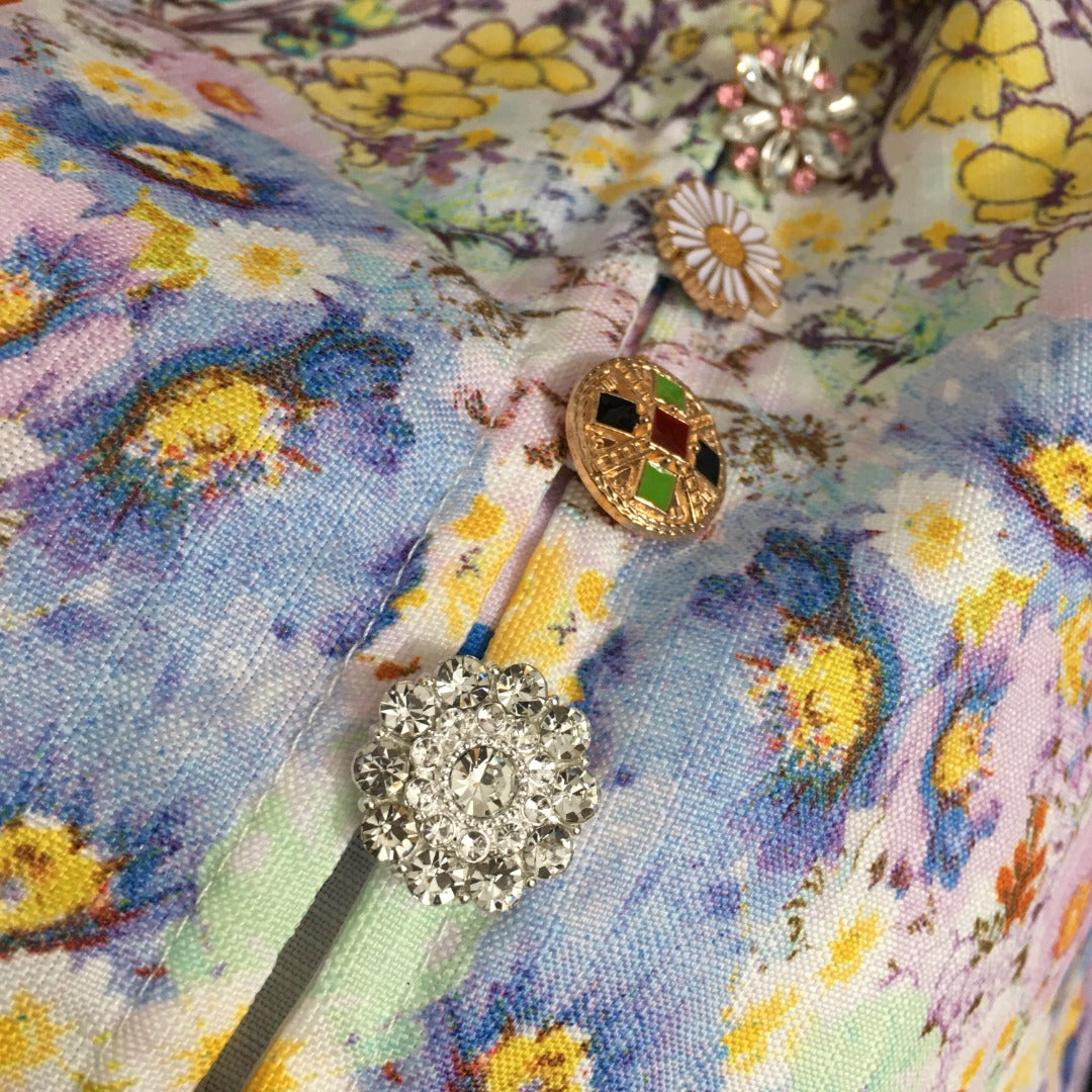 Zim** new style colorful flower print diamond button lantern long sleeve dress long skirt with belt, white