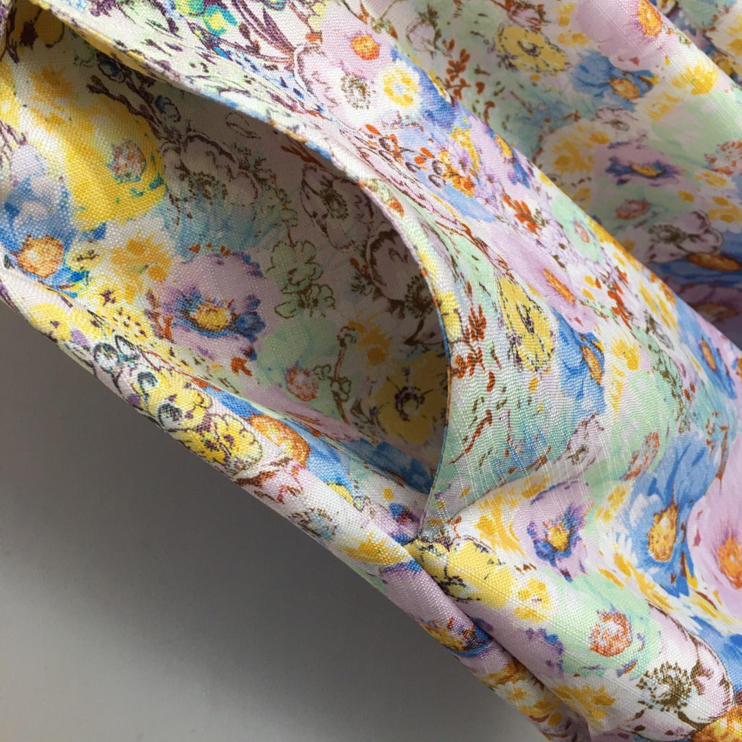 Zim** new style colorful flower print diamond button lantern long sleeve dress long skirt with belt, white