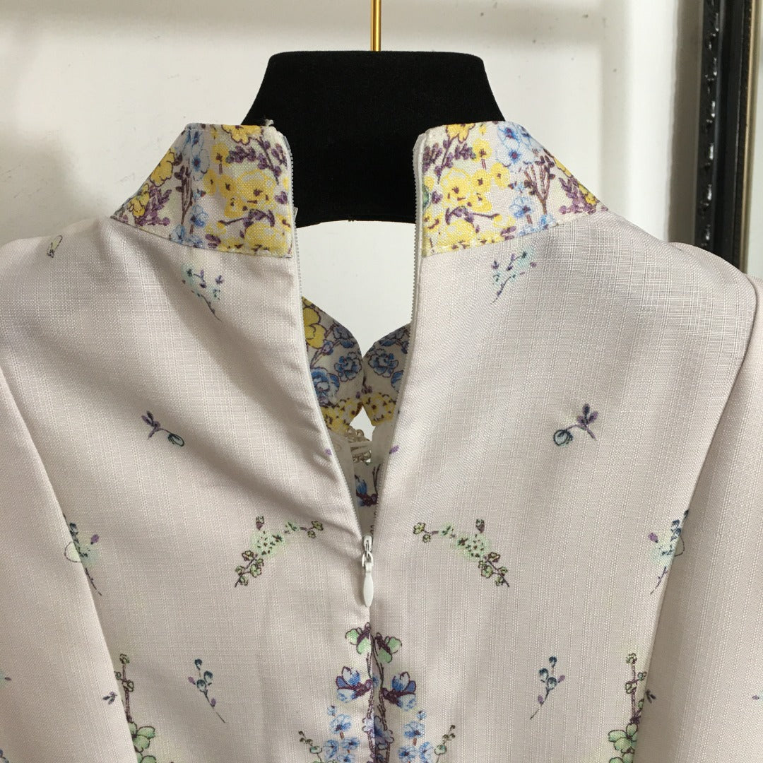 Zim** new style colorful flower print diamond button lantern long sleeve dress long skirt with belt, white