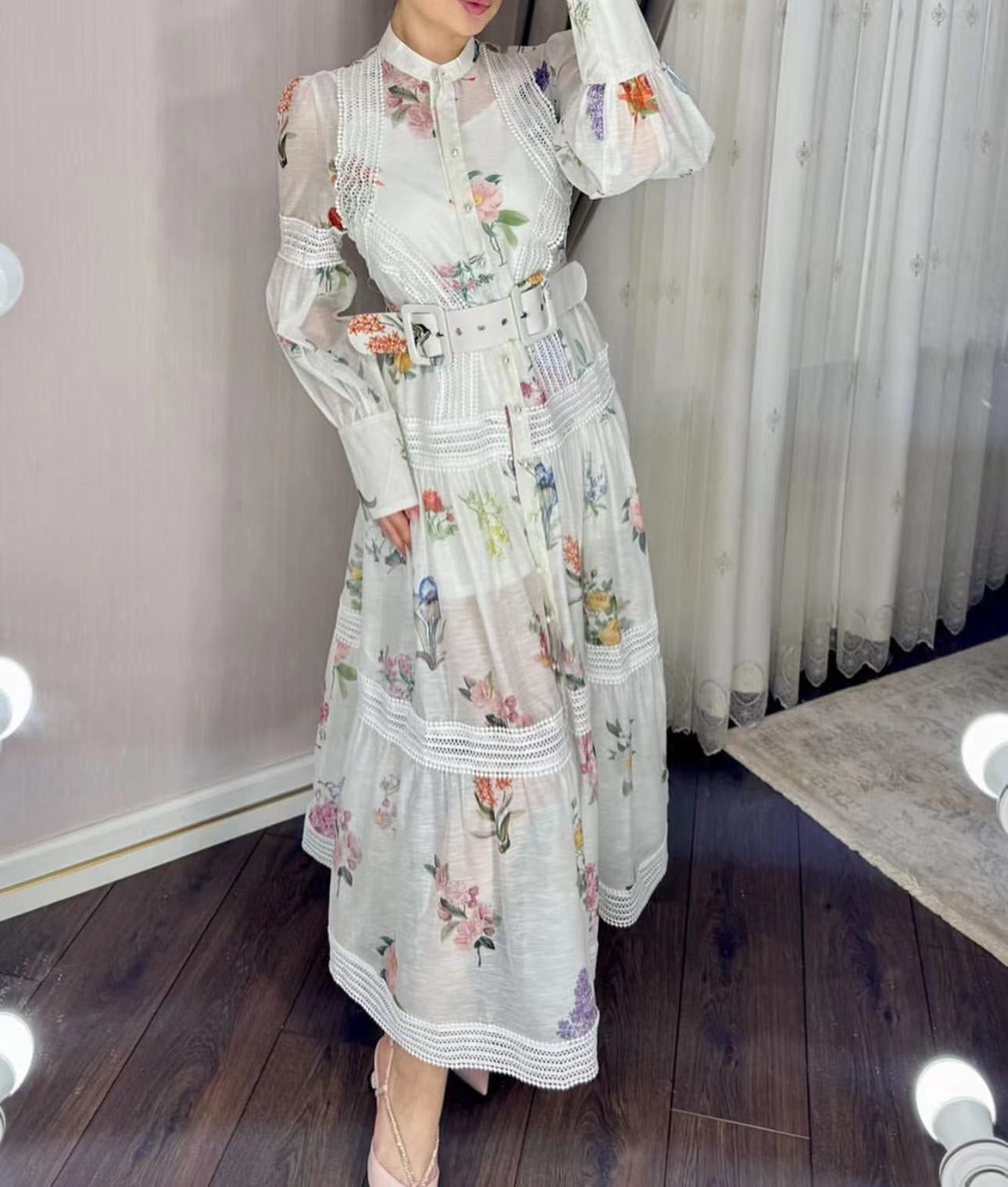 Zim** Linen colorful flower print Pearl button collar waist long sleeve dress with belt and suspender lining, white