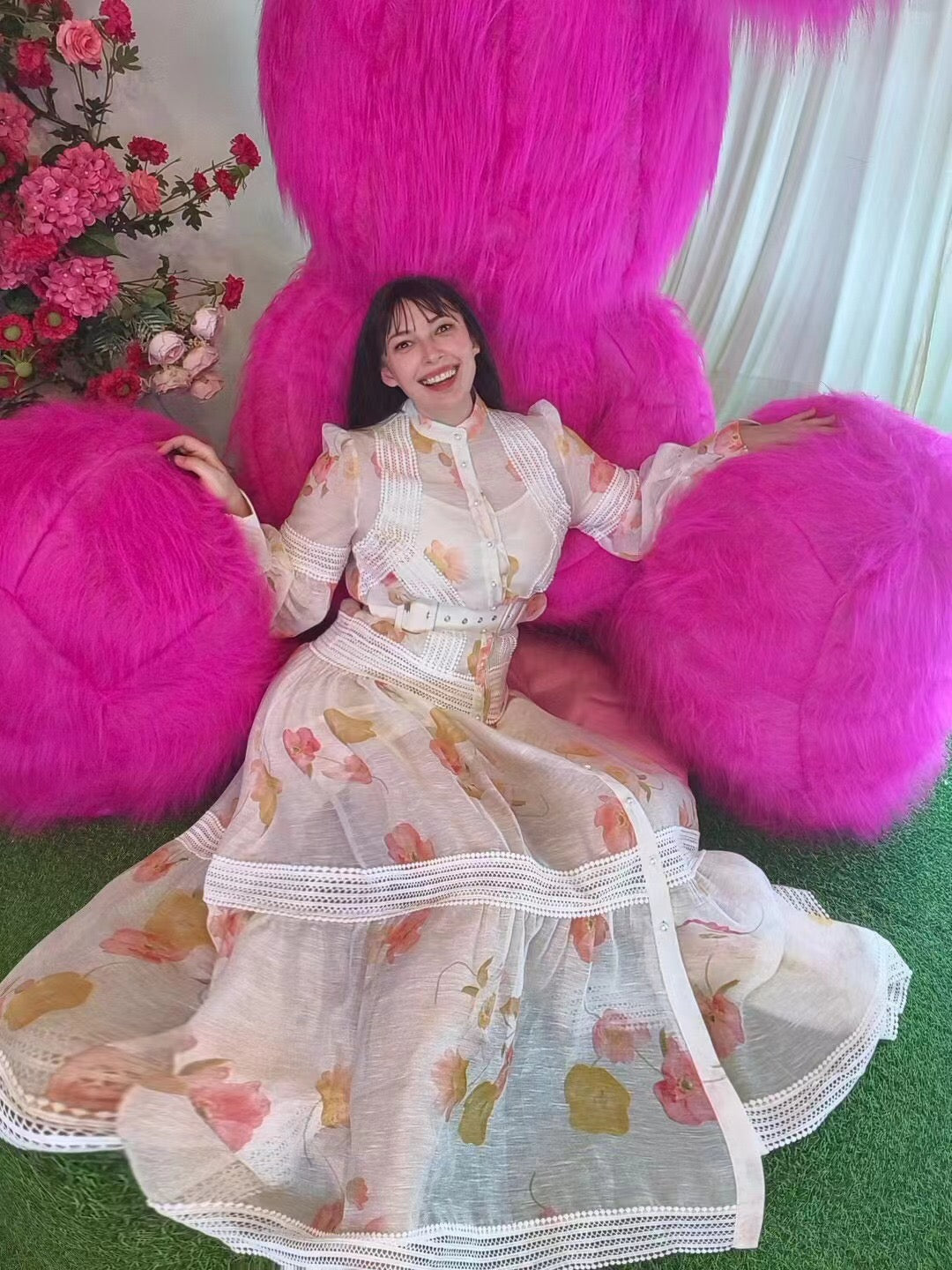 Zim** Linen colorful flower print Pearl button collar waist long sleeve dress with belt and suspender lining, white