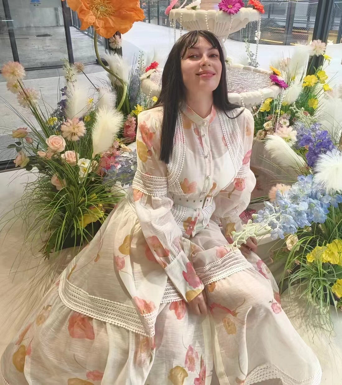 Zim** Linen colorful flower print Pearl button collar waist long sleeve dress with belt and suspender lining, white